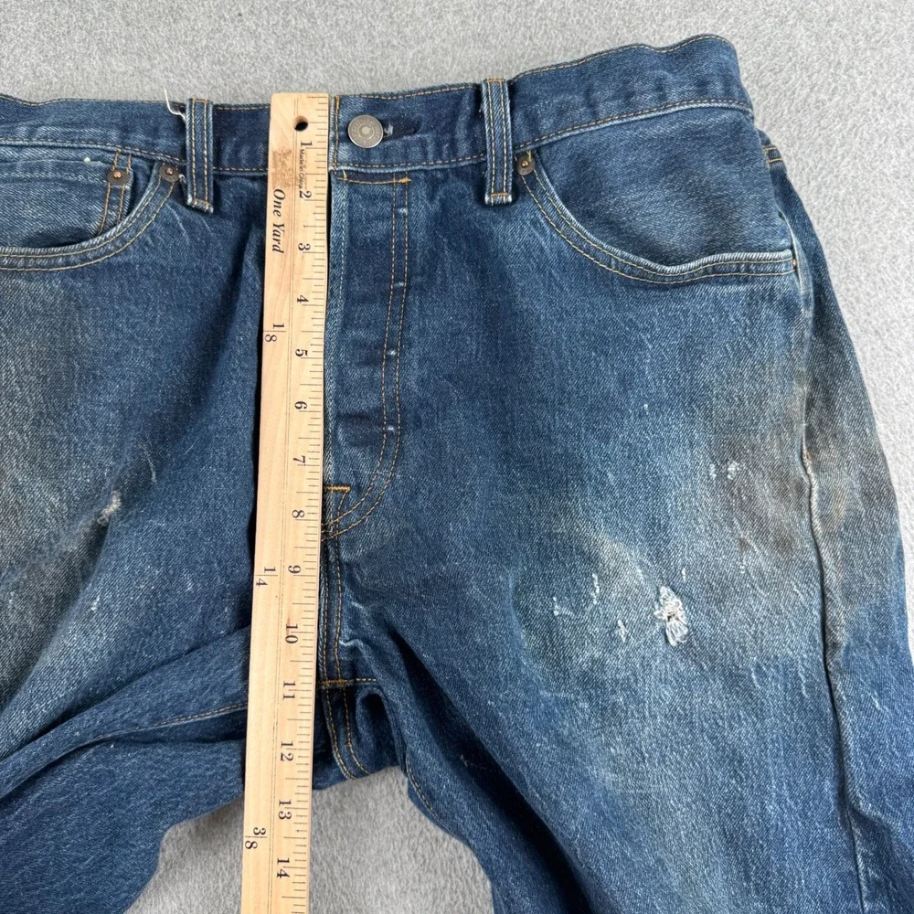 Levi's Jeans Mens 34 501 Original Blue Distressed Button Fly Straight Leg Denim